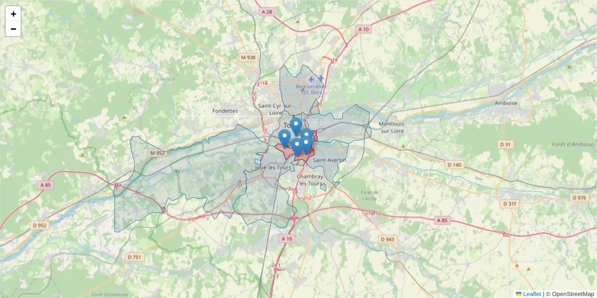 Carte de la zone du code postal  et des codes postaux voisins en France
