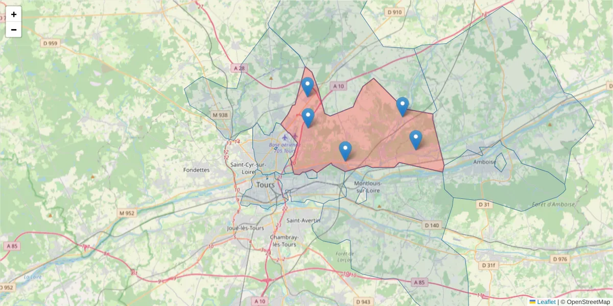 Carte de la zone du code postal  et des codes postaux voisins en France