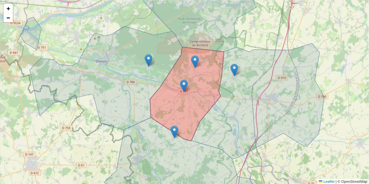 Carte de la zone du code postal  et des codes postaux voisins en France