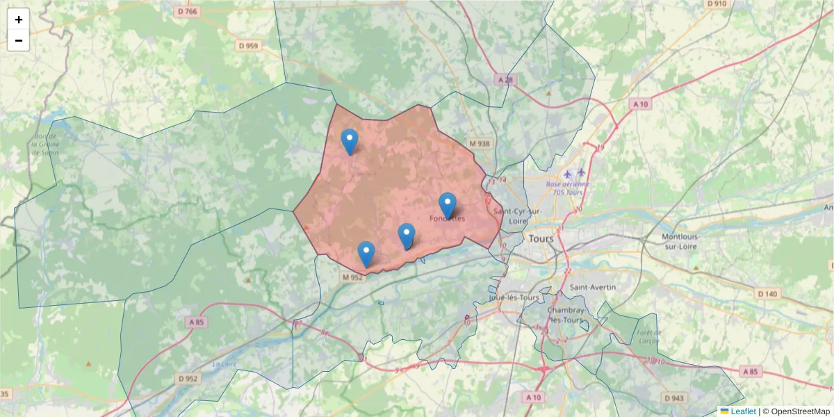 Carte de la zone du code postal  et des codes postaux voisins en France