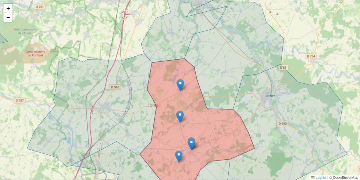 Carte de la zone du code postal  et des codes postaux voisins en France