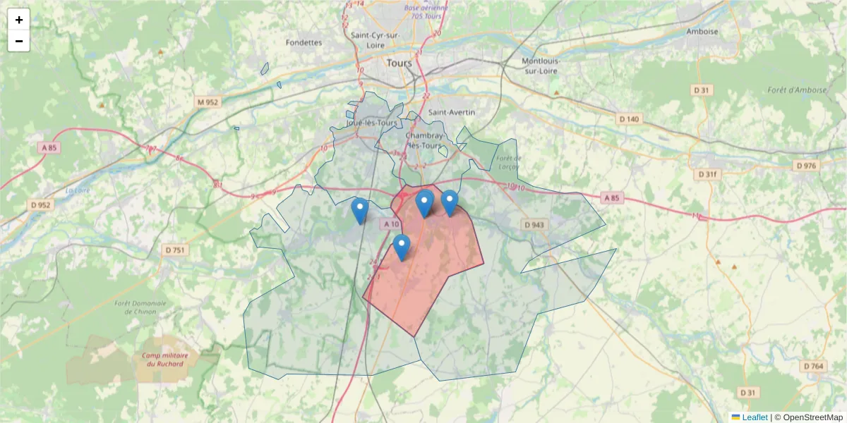 Carte de la zone du code postal  et des codes postaux voisins en France
