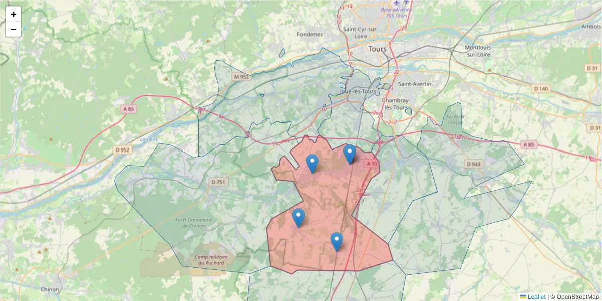 Carte de la zone du code postal  et des codes postaux voisins en France
