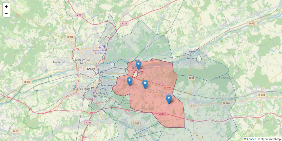 Carte de la zone du code postal  et des codes postaux voisins en France