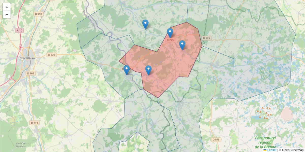 Carte de la zone du code postal  et des codes postaux voisins en France