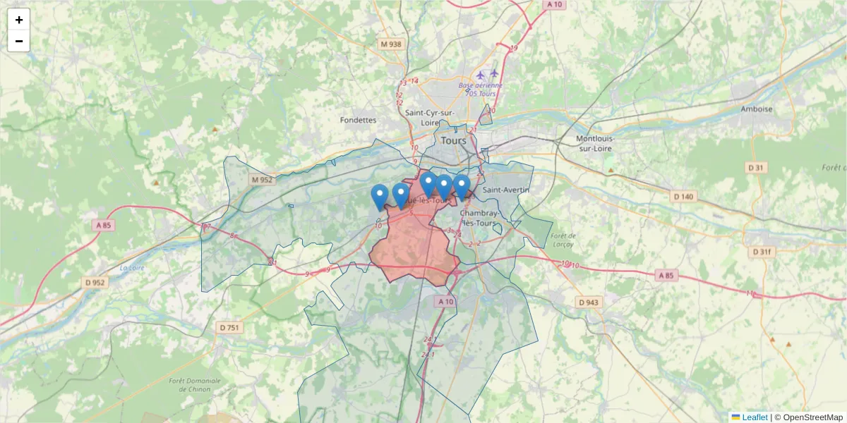 Carte de la zone du code postal  et des codes postaux voisins en France