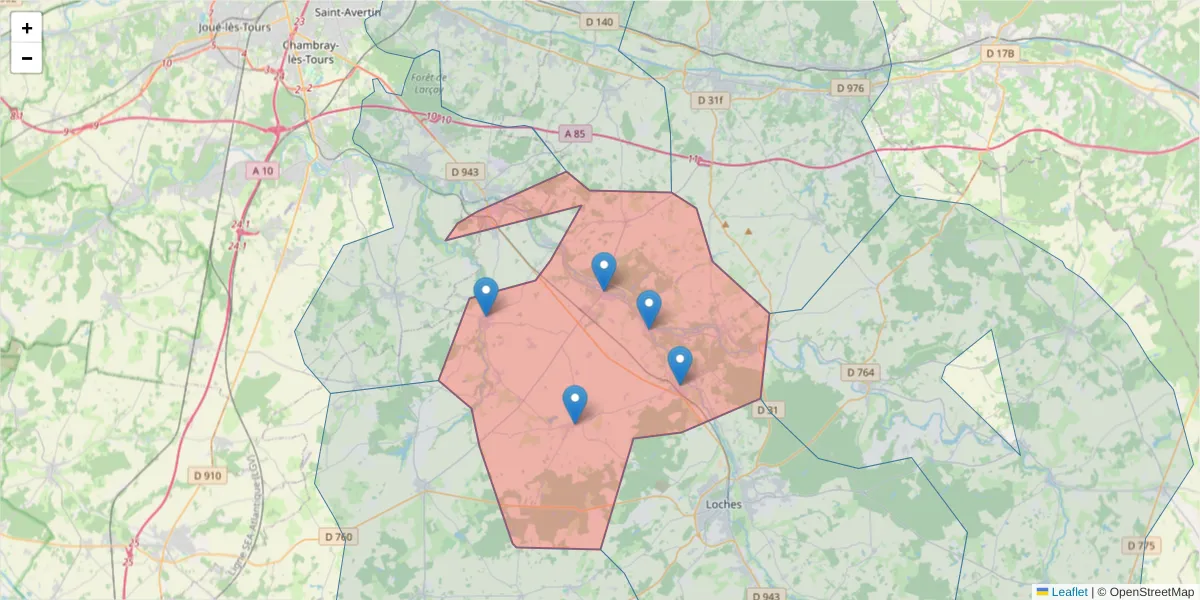 Carte de la zone du code postal  et des codes postaux voisins en France