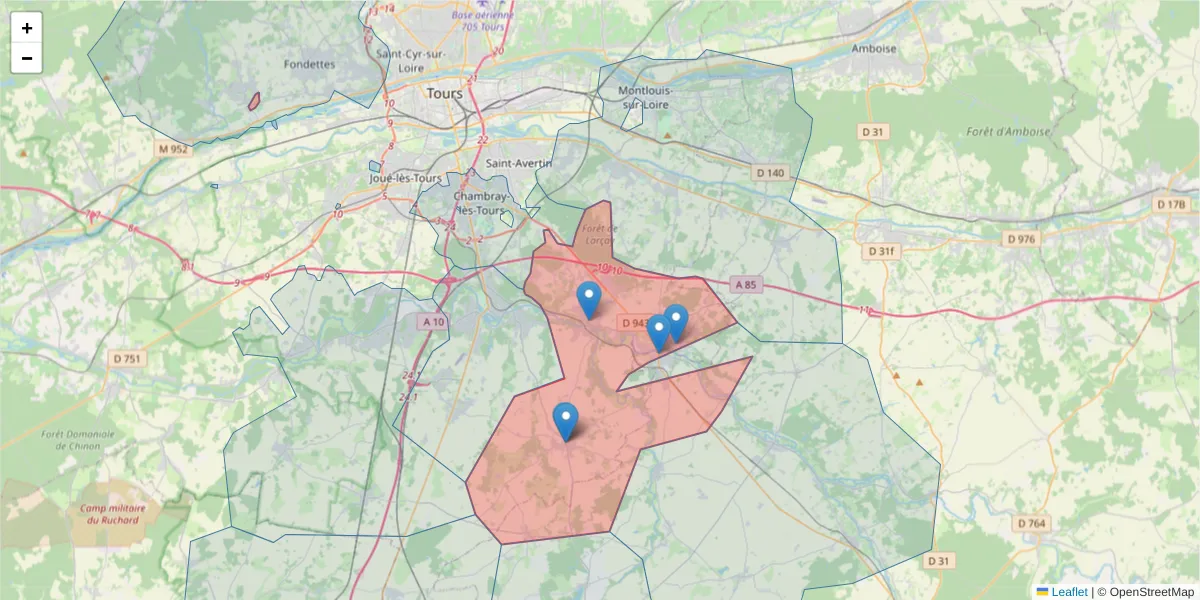 Carte de la zone du code postal  et des codes postaux voisins en France