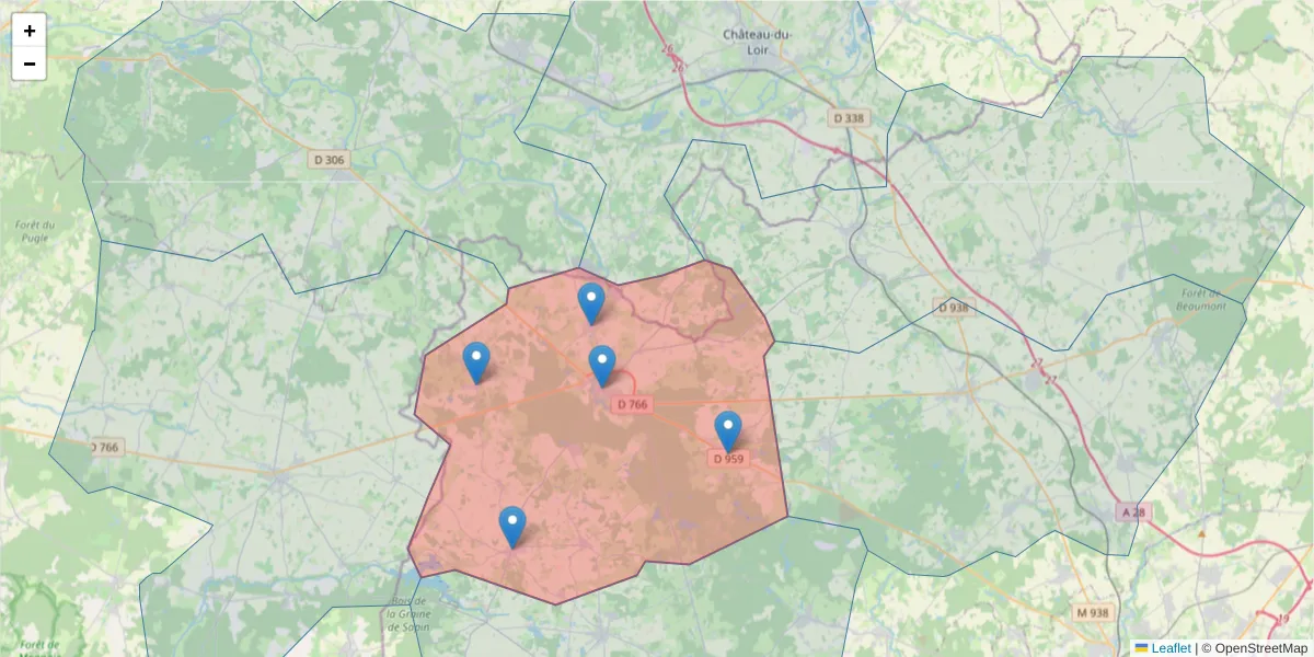 Carte de la zone du code postal  et des codes postaux voisins en France
