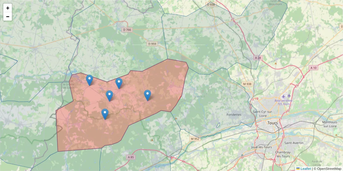 Carte de la zone du code postal  et des codes postaux voisins en France