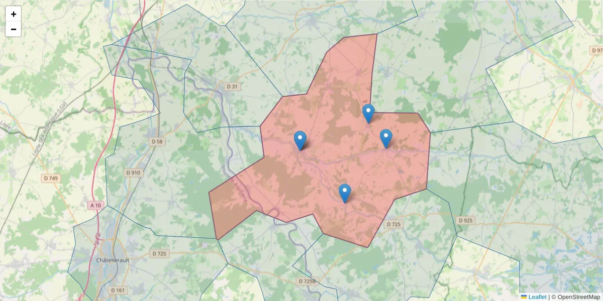 Carte de la zone du code postal  et des codes postaux voisins en France