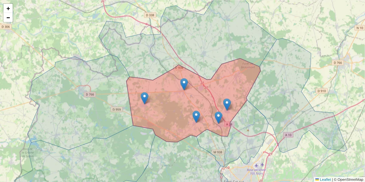 Carte de la zone du code postal  et des codes postaux voisins en France