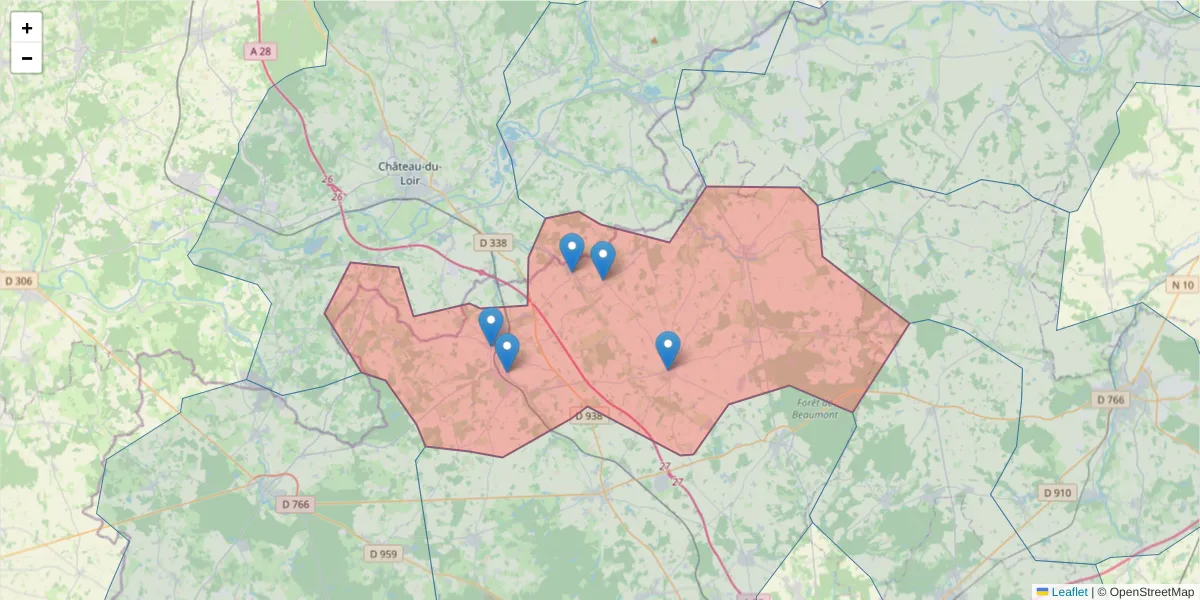 Carte de la zone du code postal  et des codes postaux voisins en France