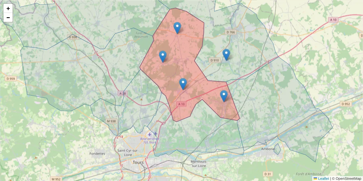 Carte de la zone du code postal  et des codes postaux voisins en France