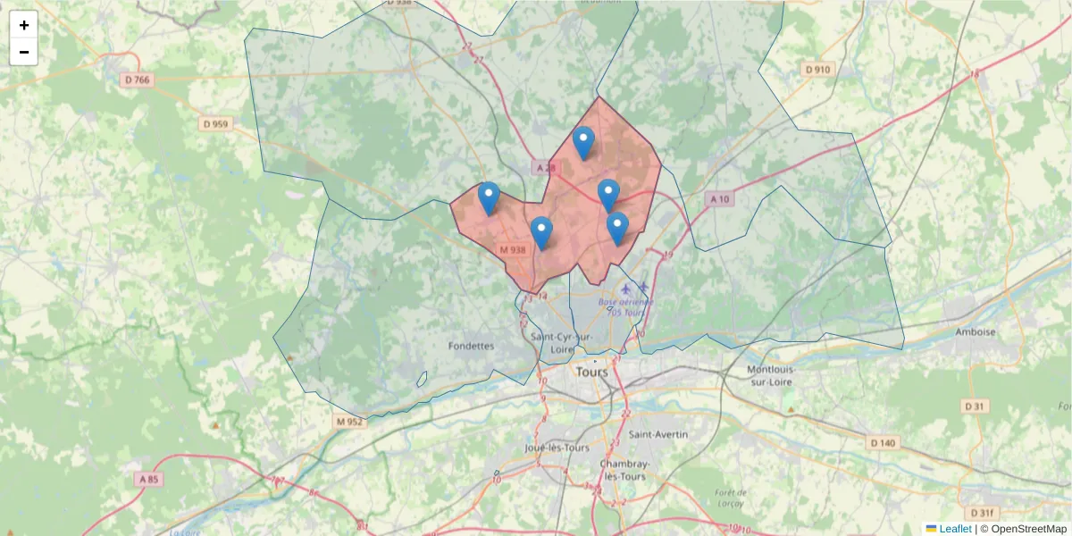 Carte de la zone du code postal  et des codes postaux voisins en France
