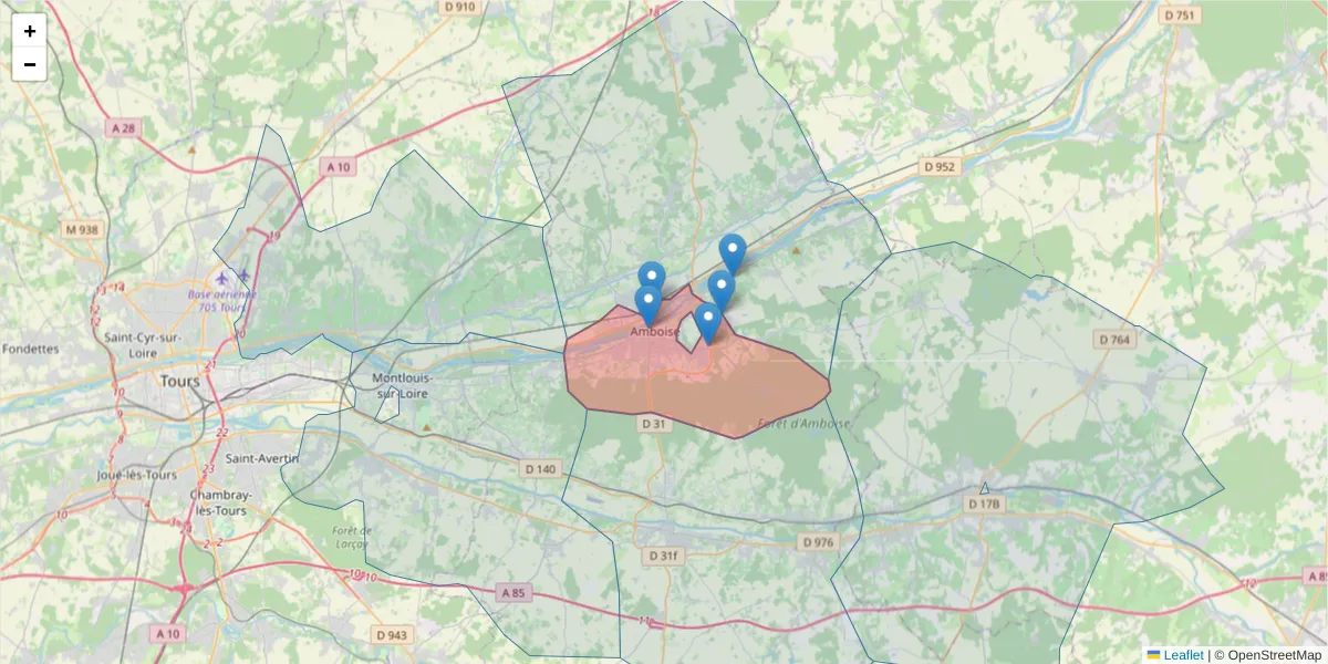 Carte de la zone du code postal  et des codes postaux voisins en France