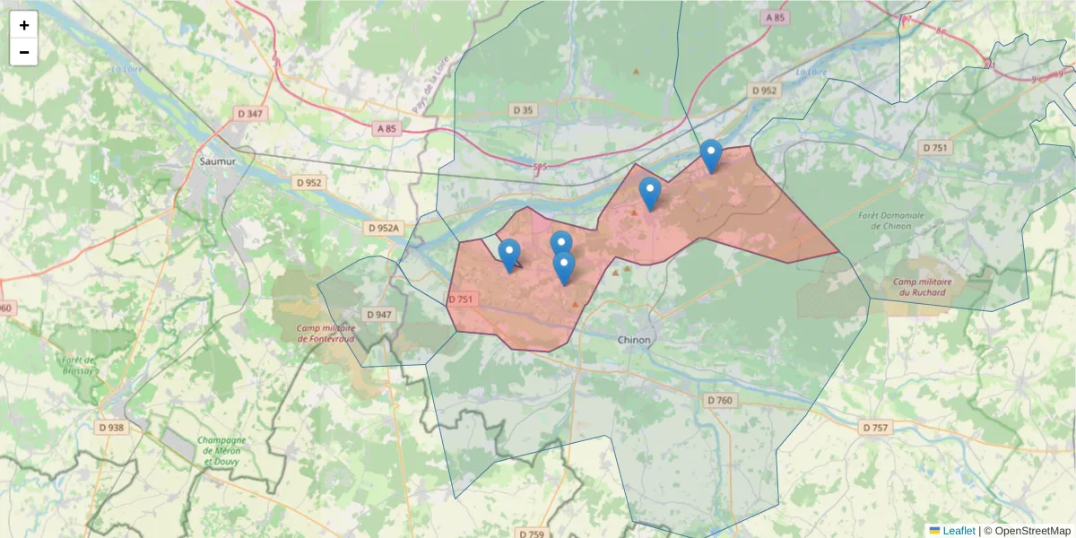 Carte de la zone du code postal  et des codes postaux voisins en France
