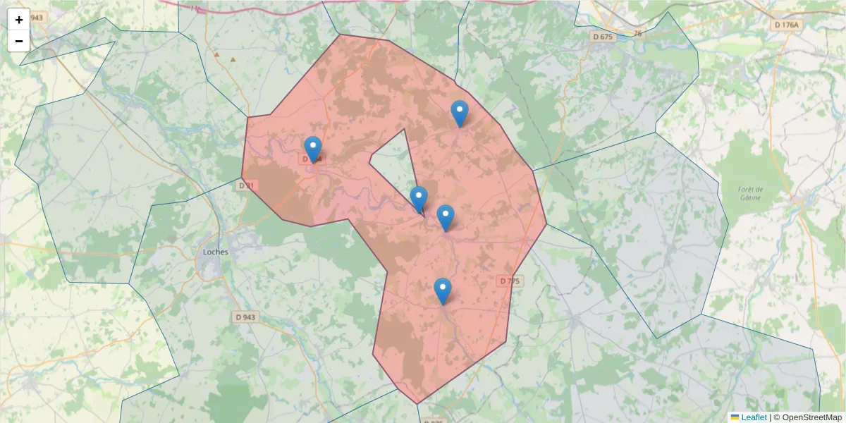 Carte de la zone du code postal  et des codes postaux voisins en France
