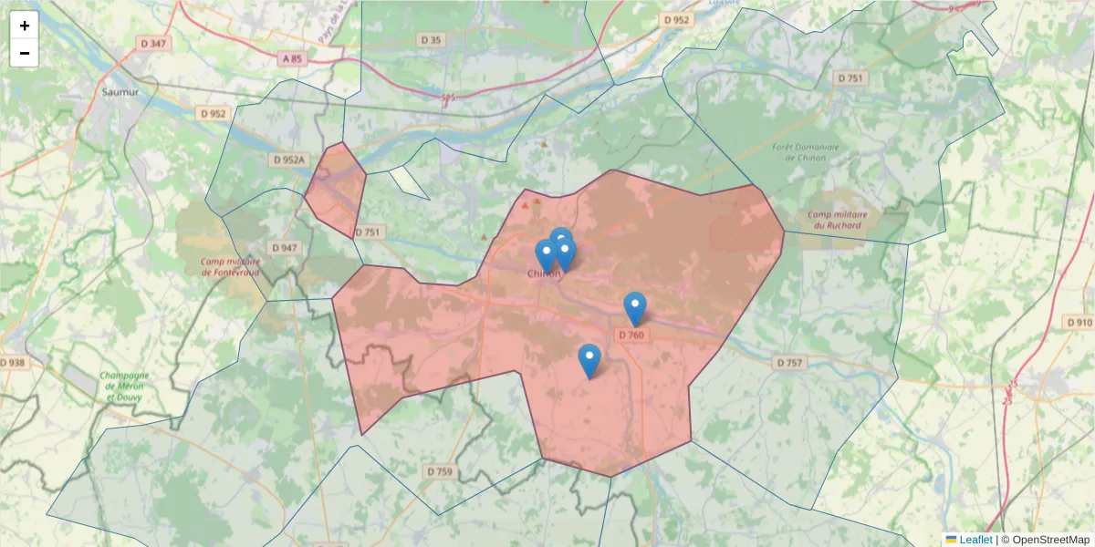 Carte de la zone du code postal  et des codes postaux voisins en France