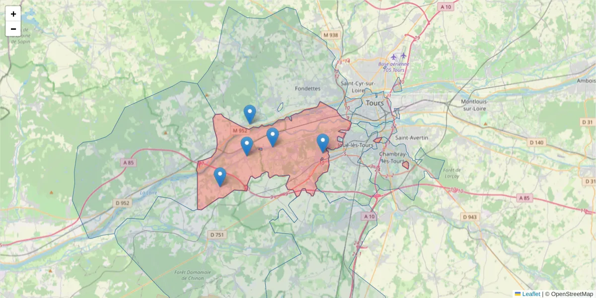 Carte de la zone du code postal  et des codes postaux voisins en France