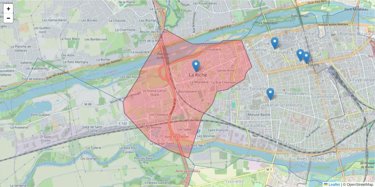 Carte de la zone du code postal  et des codes postaux voisins en France
