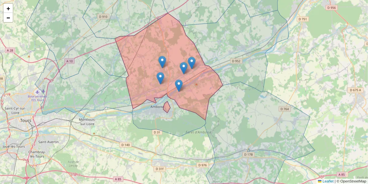 Carte de la zone du code postal  et des codes postaux voisins en France
