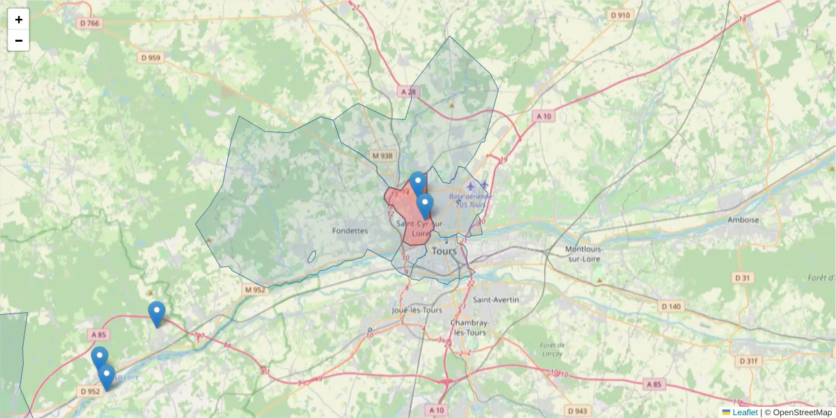 Carte de la zone du code postal  et des codes postaux voisins en France