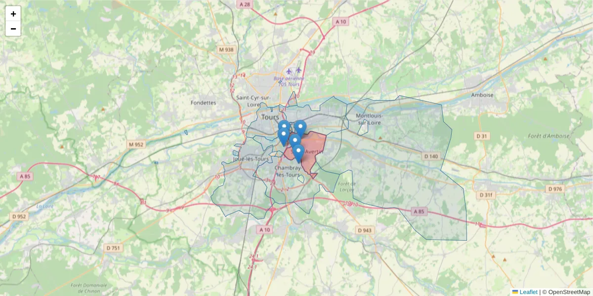 Carte de la zone du code postal  et des codes postaux voisins en France