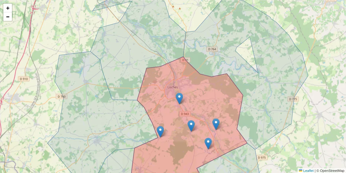 Carte de la zone du code postal  et des codes postaux voisins en France