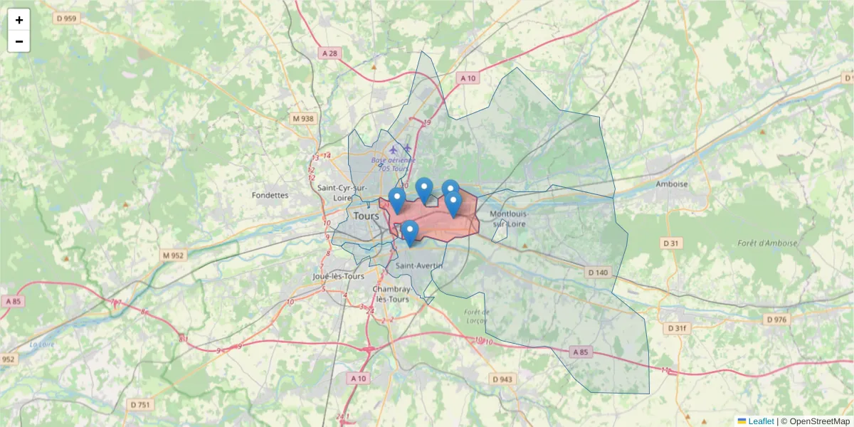 Carte de la zone du code postal  et des codes postaux voisins en France