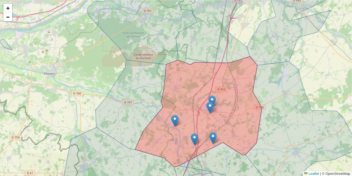 Carte de la zone du code postal  et des codes postaux voisins en France