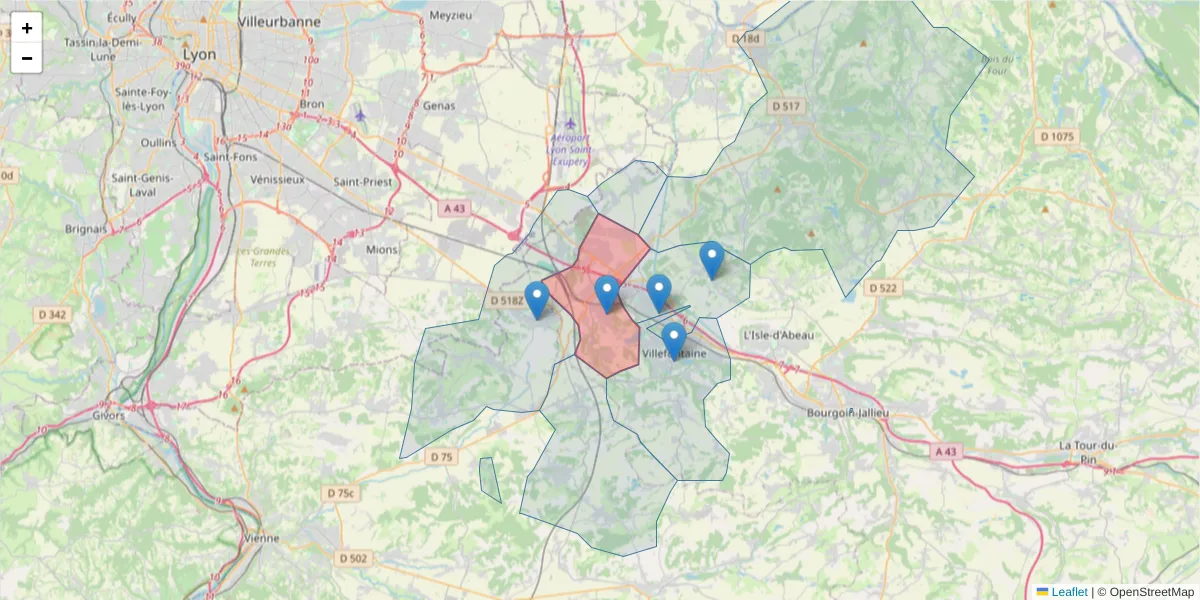 Carte de la zone du code postal  et des codes postaux voisins en France
