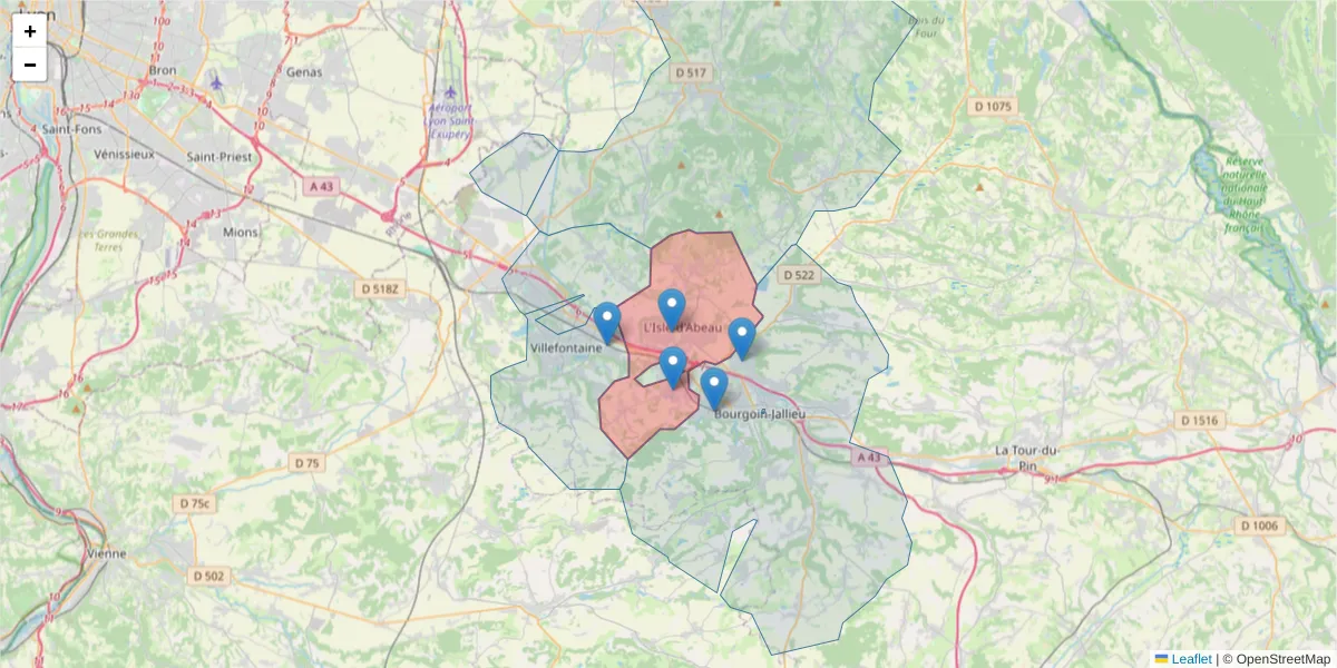 Carte de la zone du code postal  et des codes postaux voisins en France