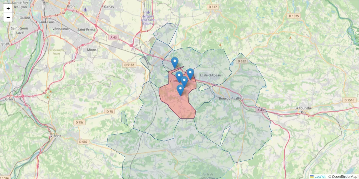 Carte de la zone du code postal  et des codes postaux voisins en France