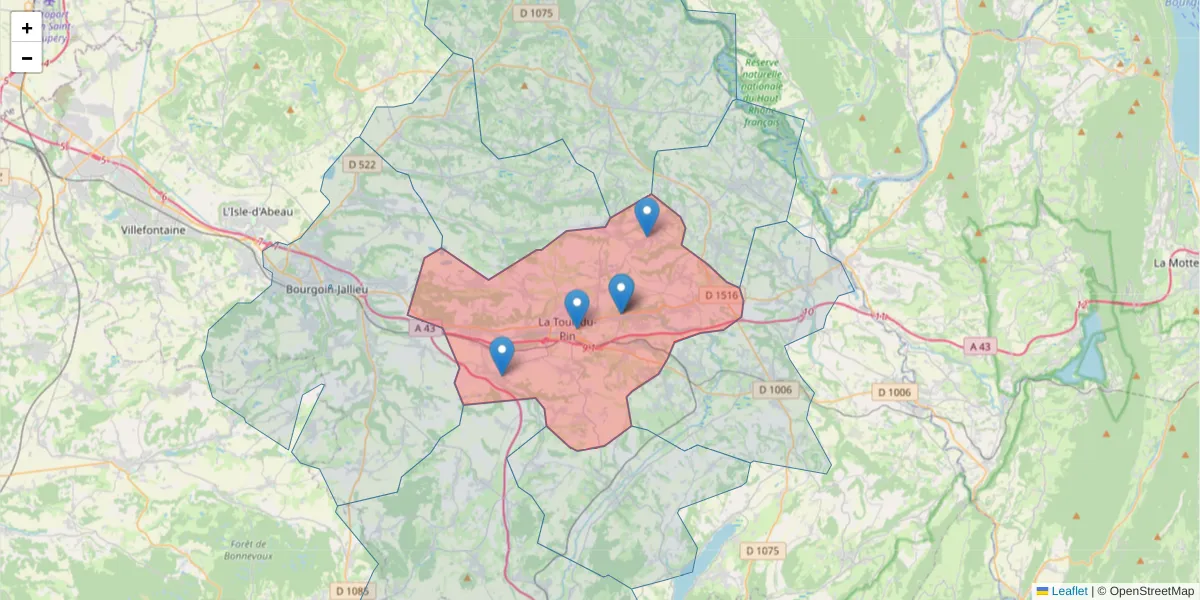 Carte de la zone du code postal  et des codes postaux voisins en France