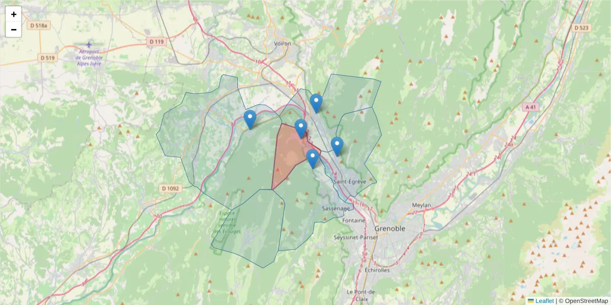 Carte de la zone du code postal  et des codes postaux voisins en France