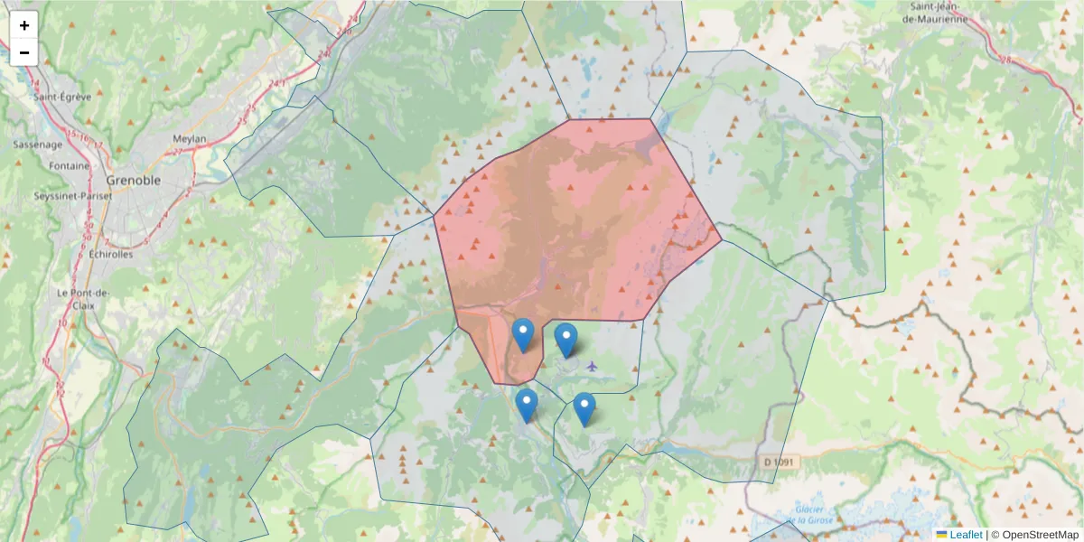 Carte de la zone du code postal  et des codes postaux voisins en France