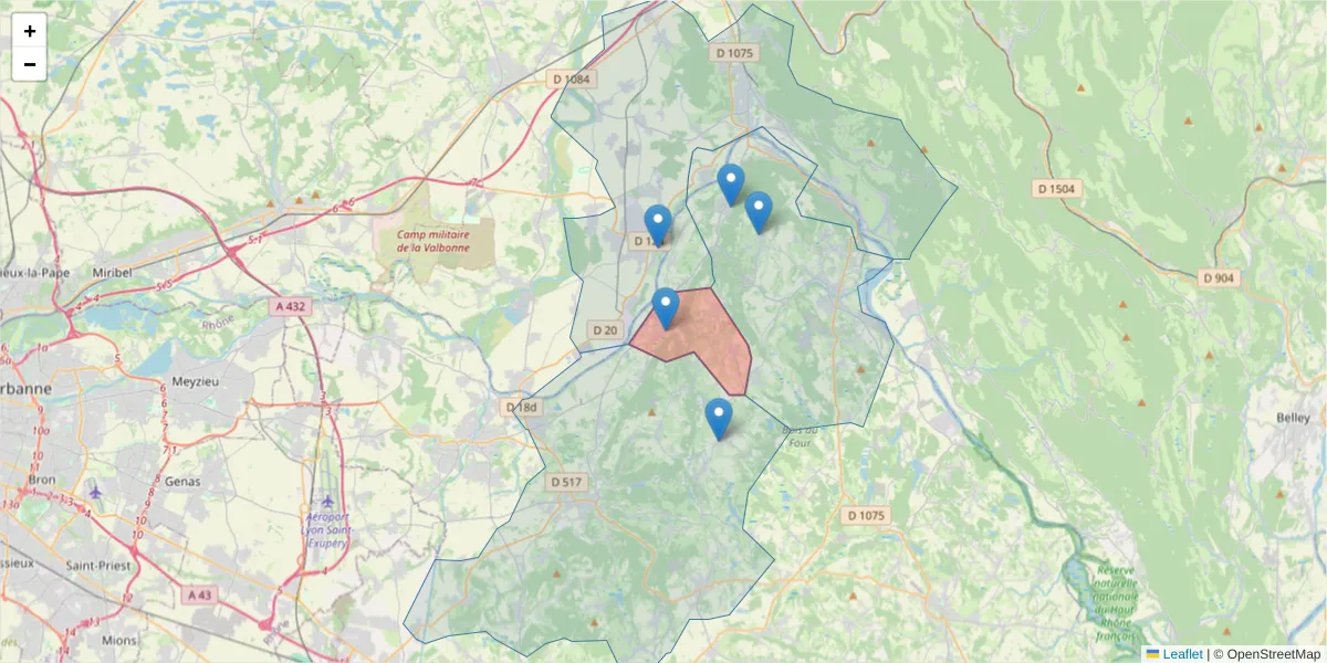 Carte de la zone du code postal  et des codes postaux voisins en France