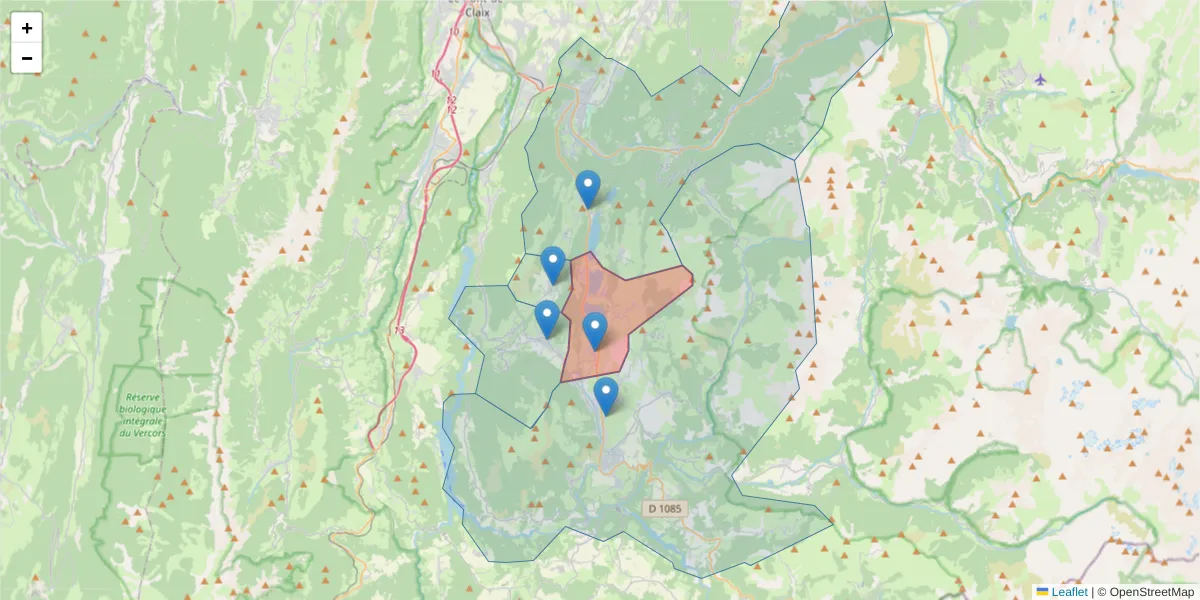 Carte de la zone du code postal  et des codes postaux voisins en France