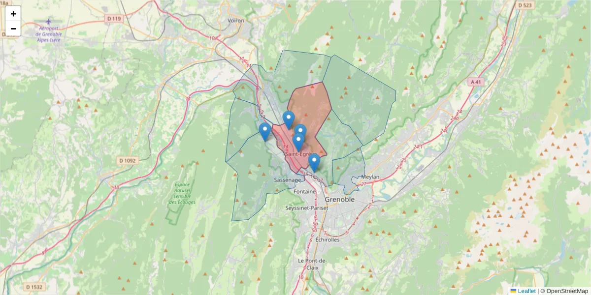 Carte de la zone du code postal  et des codes postaux voisins en France
