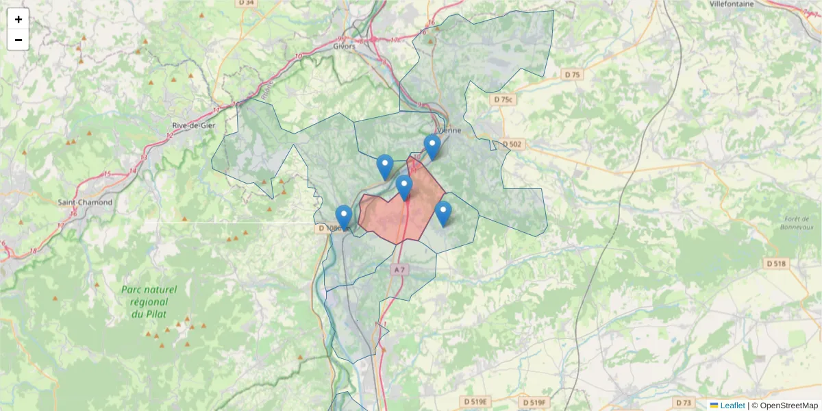 Carte de la zone du code postal  et des codes postaux voisins en France
