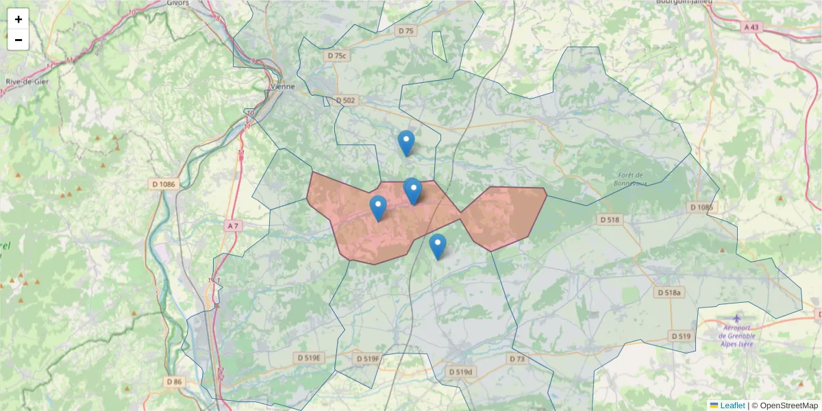 Carte de la zone du code postal  et des codes postaux voisins en France