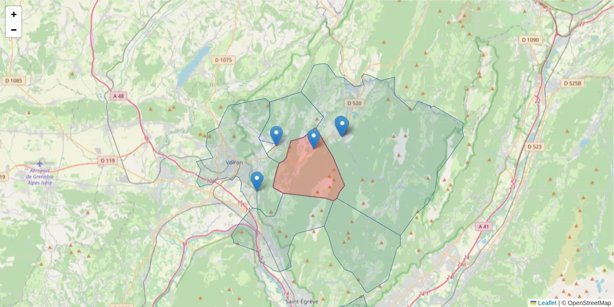 Carte de la zone du code postal  et des codes postaux voisins en France