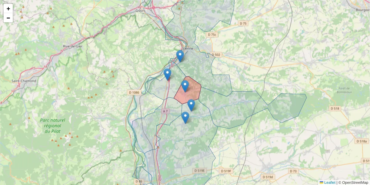 Carte de la zone du code postal  et des codes postaux voisins en France