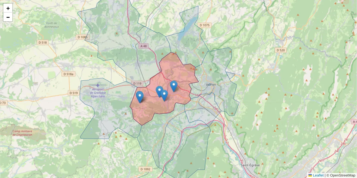 Carte de la zone du code postal  et des codes postaux voisins en France