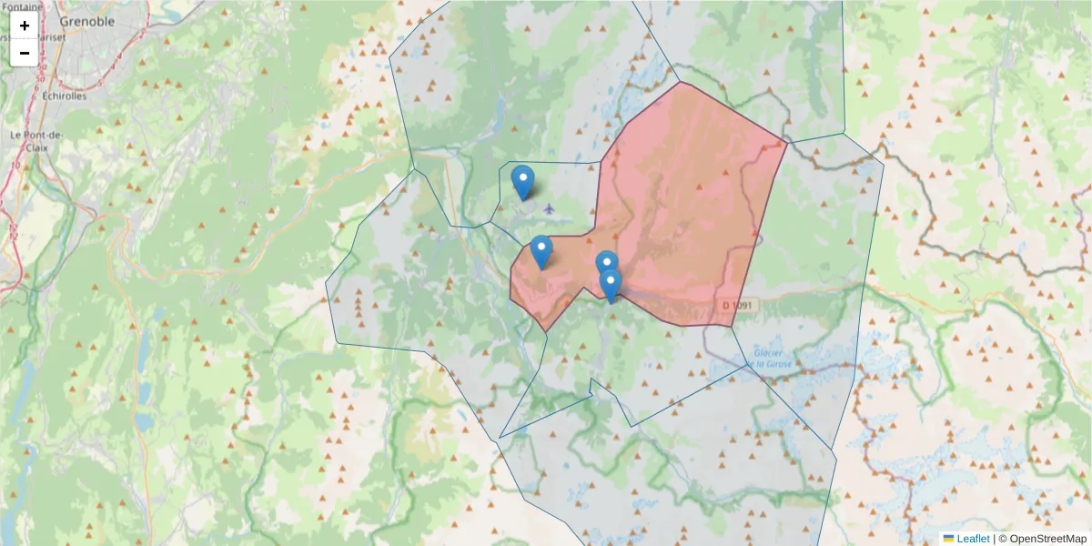 Carte de la zone du code postal  et des codes postaux voisins en France