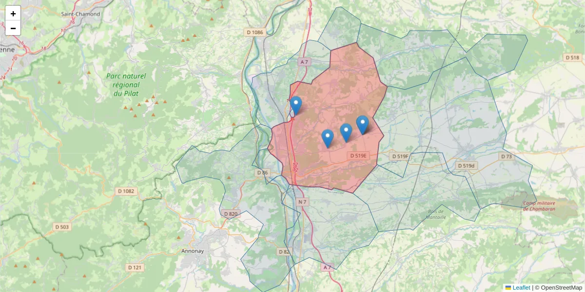 Carte de la zone du code postal  et des codes postaux voisins en France