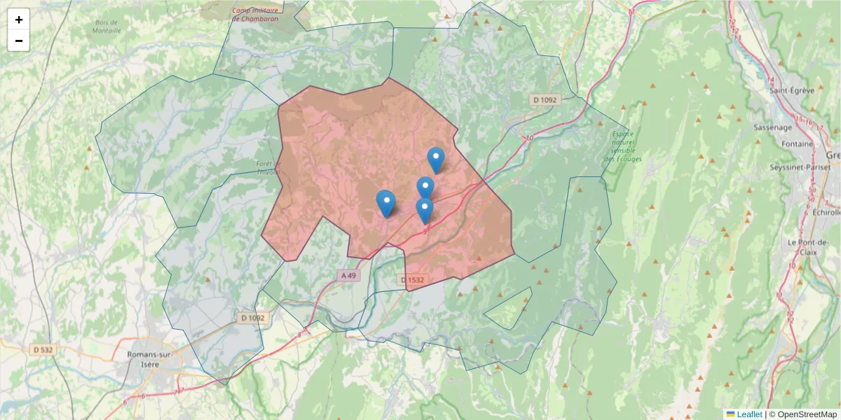 Carte de la zone du code postal  et des codes postaux voisins en France