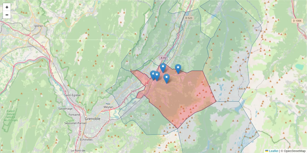Carte de la zone du code postal  et des codes postaux voisins en France