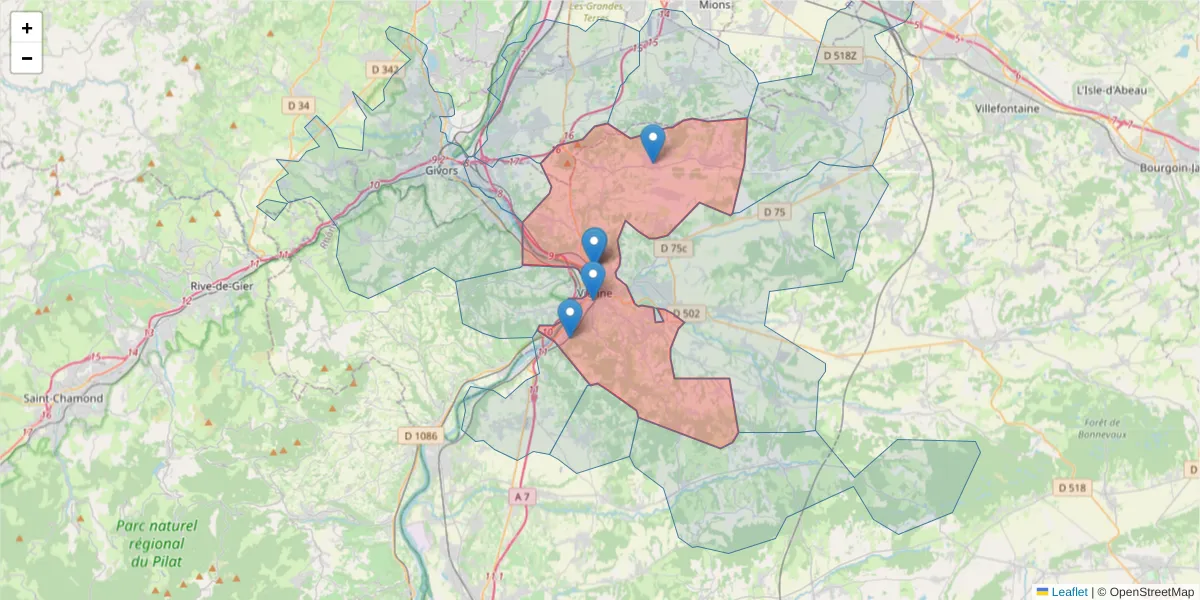 Carte de la zone du code postal  et des codes postaux voisins en France